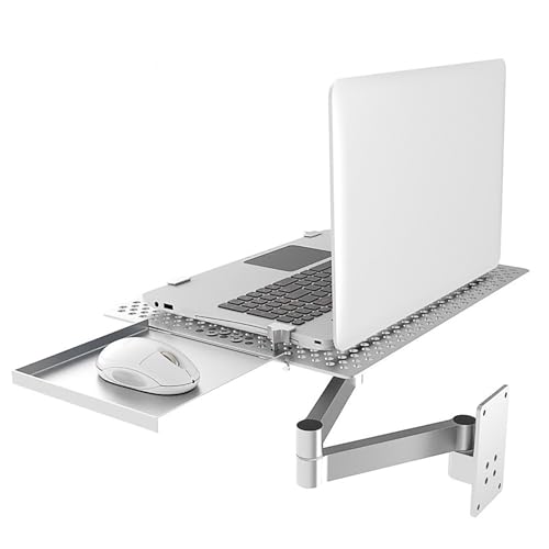 Soporte de pared para portátil con brazo ajustable y bandeja para mouse, plataforma de refrigeración ventilada, bandeja de movimiento completo, capacidad de peso de 8 kg para estaciones de trabajo de