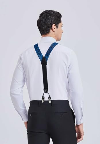 Image of HISDERN Suspenders for Men Paisley Floral Bow tie Suspender Pocket Square Sets Adjustable Y Shape 6 Clips Wedding Braces