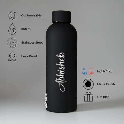 Image of AICA Personalized Name Stainless Steel Water Bottle -500ml- 12 Hrs Hot & 18hHs Cold (Black) |Customised Gift For Men Women Girl Boy | Gifts for Woman | Gift for Man Girls Boys