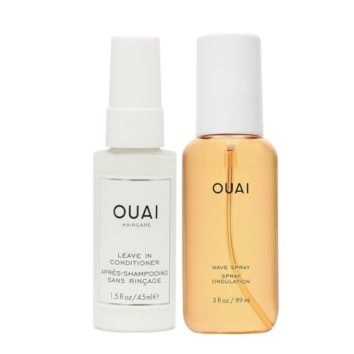 OUAI Travel-Size Hair Care Bundle - Leave-In Conditioner + Wave Spray - Hair Styling Products for Frizz Control, Volume, Texture, and Added Hair Shine (2 Count, 1.5 Oz/ 3 Oz)