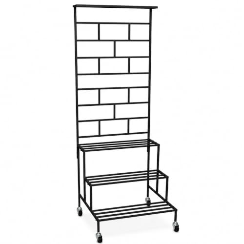 Image of ecofynd Eden Plant Stand with Wheels for Outdoor Balcony, Flower Stand for Indoor Plants, Large Metal Planter Stand for Living Room, Home Decor, Indoor & Outdoor Plants, 4 Tier (PS058-BLK-WHEL)