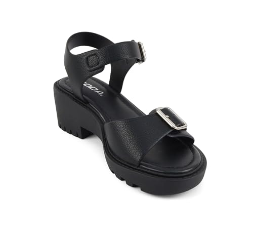 Soda Remo ~ Women Round Toe Buckle Strap Lug Sole Wedge Sandal4