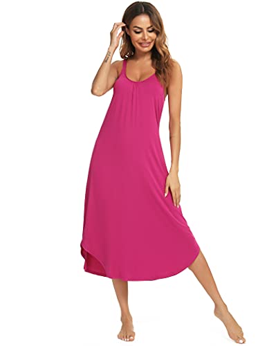 Roojaa Womens Sleeveless Long Nightgown Wide Strap Chemise Summer Loose Sleepshirt Rose Red #TOP3