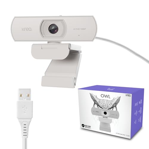 Image of Kreo Owl Full HD 1080P 60 FPS Webcam with Auto-Focus and Built-in Dual Digital Mic, Plug and Play Setup for Video Call, Streaming, YouTube and More, Built-in Privacy Shutter with 360 Rotation (White)