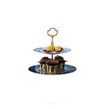 Blue Round Double Three-layer Cake Stand Fruit Dessert Bone China Plate Light Luxury Afternoon Tea Home Snack Tray Storage Rack (Size : Two-layer)