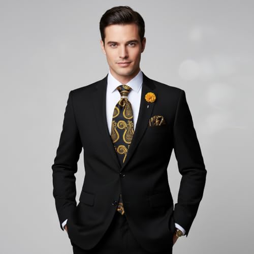 Image of 5PCS Tie and Pocket Square for Men, Silk Necktie and Handkerchief Cufflinks with Gold Ring and Lapel Pin Set