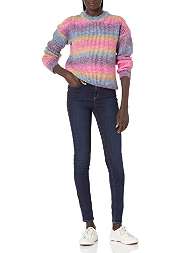 Image of Cable Stitch Women's Ombre Space-Dyed Crewneck Sweater - Long Sleeve Color Block Rainbow Striped Pullover Top