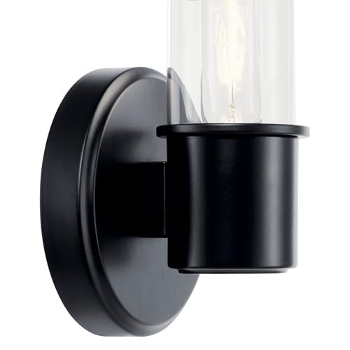 Image of Kichler Aviv 1-Light Wall Sconce, Modern Light with Clear Glass in Black, for Bedroom, Laundry Room, Kitchen or Hallway (13 inch x 5.5 inch), 52653BK