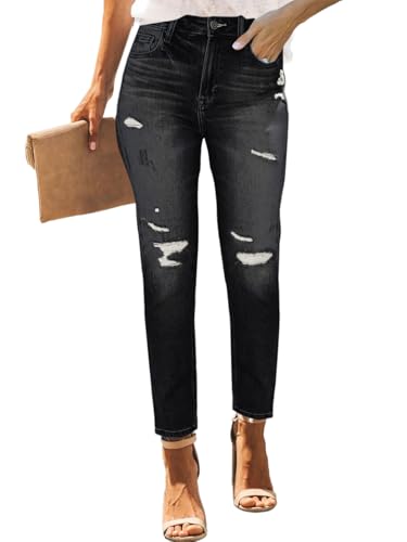 PerZeal Women's Skinny Ripped Trendy Jeans Mid Waisted Destroyed Denim Pants with Frayed Hem (Pack of 2)2