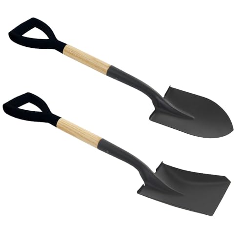 Eckige Mini Schaufel 680 mm + Spitzer Mini Rundspaten 680 mm Basic Set leichte Schippe mit D-Griff und Holzstiel Spaten