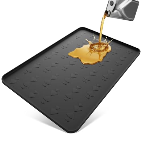 OPSOOPI Oil Drip Pan 34 x 22 Black Silicone Oil Drip Pan for Under Car Heavy Duty Oil Spill Mat with 0.7 Raised Edge Leak Containment Drip Tray Waterproof Garage Floor Protector