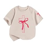 Lubpow Girls Cute Christian Shirts Kids Pink Bow Shirt Jesus God Faith Tshirts Aesthetic Cross Bible Verse Graphic Tee Tops(Apricot,150)
