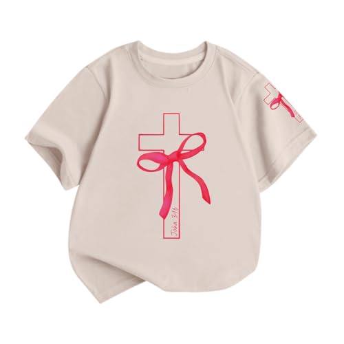 Lubpow Girls Cute Christian Shirts Kids Pink Bow Shirt Jesus God Faith Tshirts Aesthetic Cross Bible Verse Graphic Tee Tops(Apricot,150)