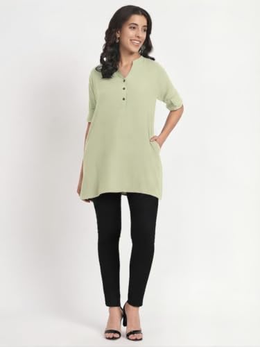 Image of Women's Roll-Up Sleeve Tunic Top, V-Neck with Button Front, Side Pockets, Rayon Short Kurti