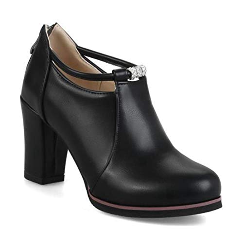 VOKLIN Women's Round Toe Dressy Ankle Booties Leather Pump Oxford Shoes Chunky Block High Heels Short Boots