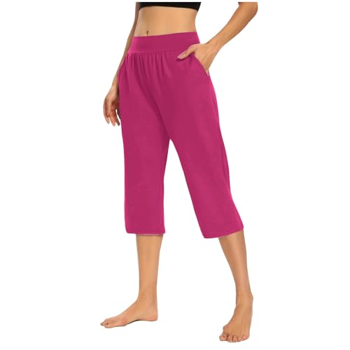 Summer Capris for Women Dressy Casual Stretch Lightweight Capri Pants Elastic High Waist Lounge Crop Trouser 2025(Hot Pink,Large)