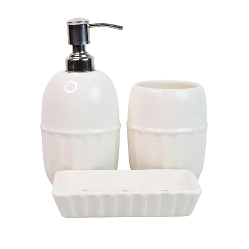Image of Ceramic Bathroom Accessories Set for Utility and Bathroom Decor | Liquid Soap Dispenser, soap Tray, Toothbrush Holder (Exclusive Bathroom Set) (White)