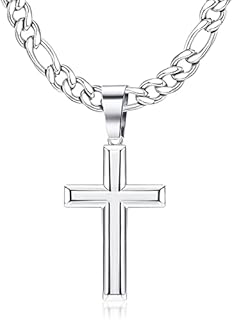 KRFY 925 Sterling Silver Polished Beveled Edge Cross Pendant Necklace for Men Women 5mm Stainless Steel Diamond-Cut Figaro Cross Chain Necklace 16/18/20/22/24/26/30 Inches