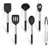 Homikit Black Kitchen Utensil Set, 6Pcs Silicone Cooking Utensils with Stainless Steel Handle, Kitchen Cooking Tools for Non Stick Pans, Heat Resistance & Dishwasher Safe