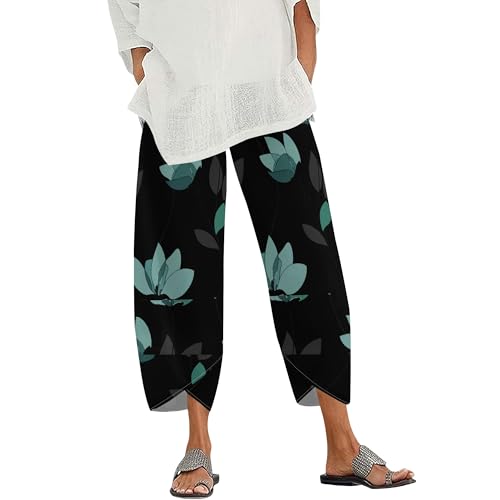 Womens Boho Floral Wide Leg Lantern Pants Elastic Waist Baggy Trousers with Pockets Summer Casual Cotton Linen