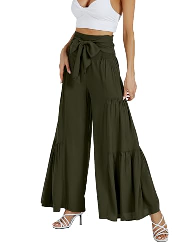 LYANER Women's Casual Tie Front Smocked High Waist Wide Leg Pleated Palazzo Lounge Pant4