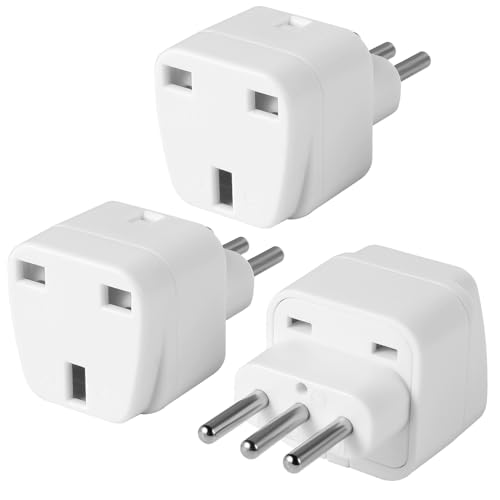 TENINYU 3-Pack UK to ITALY Plug Adapters Italy Power Converter Grounded Universal Travel Adapter 3 Pin Italian Chile International Type L Plug (White)