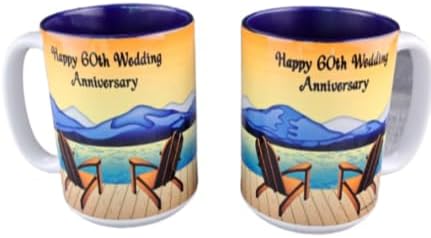 SassyXpressions Set of 2 Happy 60th Wedding Anniversary Coffee Mugs – 15 oz Ceramic Cups with Adirondack Chairs Beach Scene – Gift Set for Diamond Anniversary Celebration From