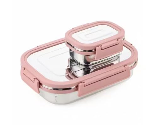 Image of CULINARY CRAFTS Stainless Steel Tiffin Lunch Box Container /Dabba with 4 Side Clip Lock Lid for Office & School Use /Food Grade /Air Tight /Easy to Carry /Leak Proof(900ml 1pc + 200ml 1 Pc) Pink