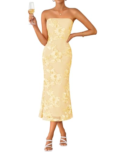 ZESICA Cocktail Wedding Guest Dresses for Women 2026 Summer Strapless Floral Bodycon Mesh Tube Formal Party Midi Dress Yellow Small