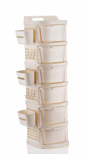 Image of Homeor 6 Tier Plastic Storage Drawer Cabinet with Wheels, Modular Chest of Drawers Organizer with Side Basket & Handle, Storage Trolley Rack for Home, Kitchen, Bedroom, Kids Room (Ivory)