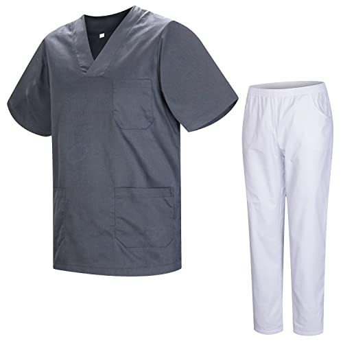 MISEMIYA - Uniformi Unisex Set Camice – Uniforme Medica con Maglia e Pantaloni Uniformi Mediche Camice Uniformi sanitarie 817-8312-BLANCO - XX-Large, Grigio