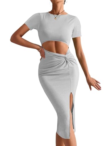 Image of Rooscier Women's Twist Cutout Waist Split Crewneck Short Sleeve Bodycon Midi Dress