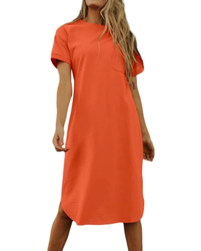 Image of Dyexces Summer Dress for Women Crew Neck Short Sleeve Solid Basic T-Shirts Casual Midi Dresses with Pocket