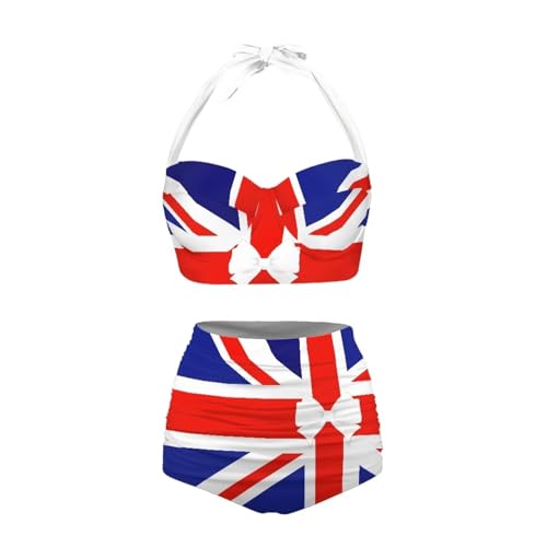 Suhoaziia Women's Bikini Sets Tummy Control High Waist Bathing Suits Girls' Athletic Two-Piece Swimsuits Push Up Tie Side Swimwear, Union Jack Bow Tie