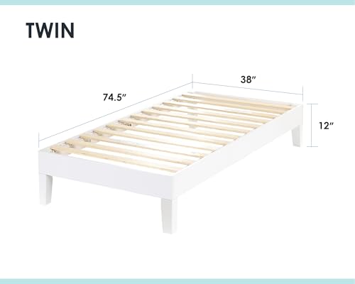 Mellow Naturalista Grand 12 Inch Solid Wood Platform Bed with Wooden Slats, Easy Assembly, Twin, White