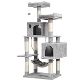 Hey-brother Large Multi-Level Cat Tree Condo Furniture with Sisal-Covered Scratching Posts, 2 Bigger Plush Condos, Perch Hammock for Kittens, Cats and Pets Light Gray MPJ020W