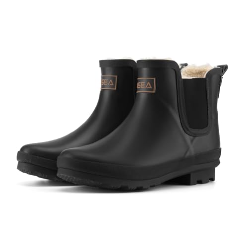 HISEA Women's Plush Rain Boots Waterproof, Chelsea Rubber Booties Women, Ladies Ankle Snow Boots for Winter Spring Garden Outdoor, Black Size 7