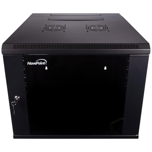 Image of NavePoint 9U Server Cabinet with Hinged Back - 23.6 inch Deep, Server Rack Enclosure with Locking Glass Door, Wall Mount Rack with Removable Side Panels, Network Cabinet with 2 Fans, Pre-Assembled