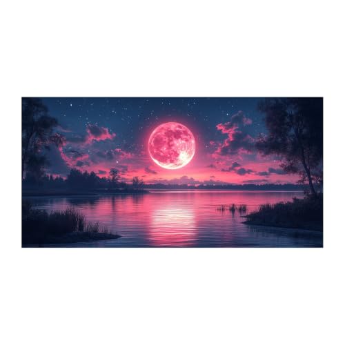 Lienzo canvas de flor y paisaje de luna en tonos azules para decoración de dormitorios