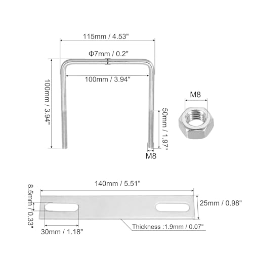 Image of PATIKIL M8x100x100mm Square U-Bolts Kit, 4Set 304 Stainless Steel Square U Shaped Bolts Replacement Parts with Frame Plates and Nuts for Ski Board Sailboat Trailer