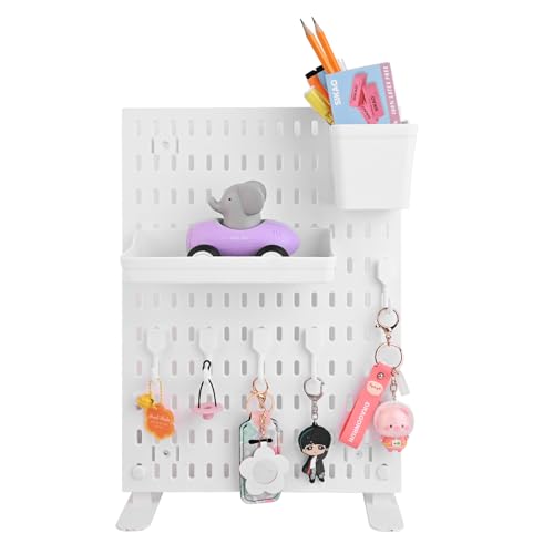 FULLTURN White Pegboard Combination Kit Desk Peg board with Plastic Shelf Baskets Organizer for Display Home Office 16.5