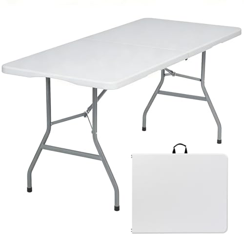 Lakhow 6 FT Folding Table,Outdoor Indoor Plastic Table Portable Square Height Dining Table Perfect for Picnics, Parties, Party and Camping, White
