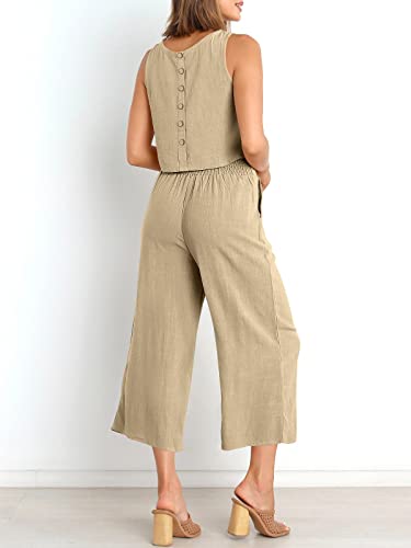 Image of ANRABESS Women's Summer 2 Piece Outfits Sleeveless Tank Crop Button Back Top Cropped Wide Leg Pants Set Pockets