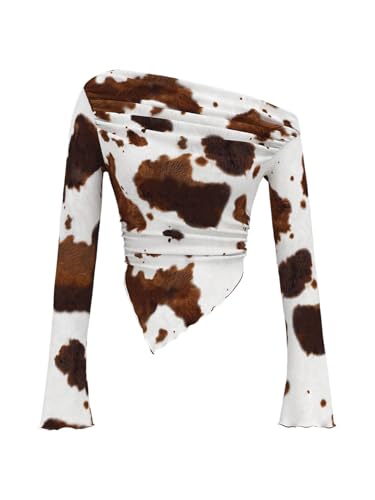 WDIRARA Women's Cow Print One Shoulder T Shirt Y2k Long Bell Sleeve Tees Ruched Asymmetrical Crop Tops Multicolor Medium