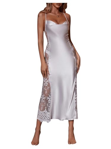SHENHE Women's Satin Nightgown Lace Embroidered Cowl Neck Chemise Wedding Bridal Long Nightgown White Large