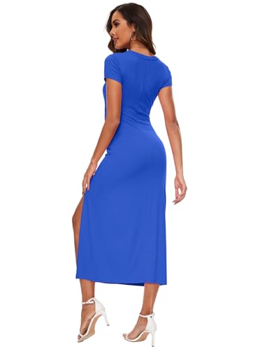 Image of NOVANDO Casual Short Sleeve Ruched Cotton Bodycon Midi Dress for Women 2024 Summer Crew Neck Party Club T Shirt Dress