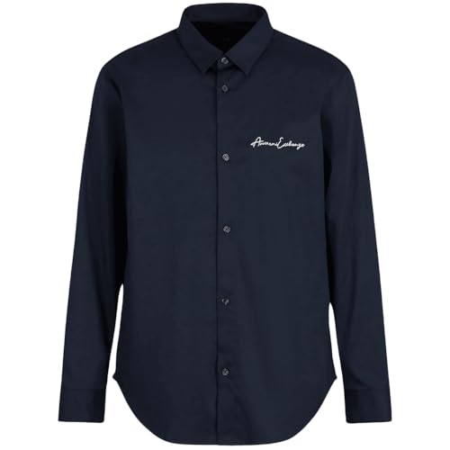 Bottone con colletto Armani Exchange - Camicia in cotone con logo firmato blu navy, Navy, XL