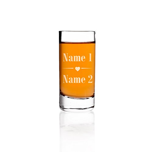 Herz & Heim® edles Schnapsglas zur Hochzeit mit Gravur der Namen des Paares - Gastgeschenk u. Hochzeitsgeschenk (kleines Herz)