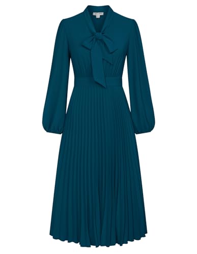 GRACE KARIN Damen Vintage 50Er Jahre Langarmkleid Fliege Hals Teekleid mit Verstecktem Reißverschluss Grau Blau 38