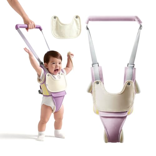 Baby Walking Harness with Removable Drool Towel, Walking Helper Harness for Toddlers, Handheld Belt – No Bending for Parents, Walking Assistant & Trainer for 9-24 Months Old (Grey)